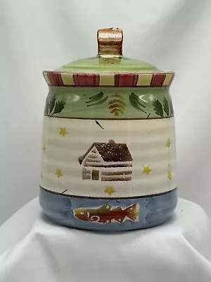 Cabin Theme Cookie Jar With Fish Decor As Well As More And A Cute Cabin On Top • $50