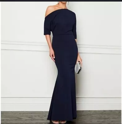 Betsy And Adam Madeline Dress Drop One Shoulder Gown Size 8 M Navy Blue Unique • $65