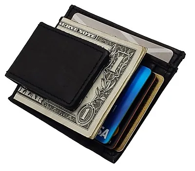 Mens Leather Money Clip Slim Front Pocket Magnetic ID Credit Card Wallet Black • $16.99