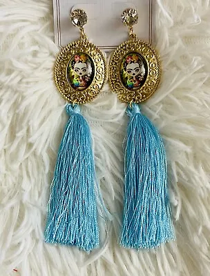 Frida Kahlo Pom Pom Earrings Light Blue • $10