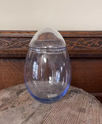 Vintage Blue Tint Crystal Glass Egg Shape Canister / Jar / Terrarium • $12.99