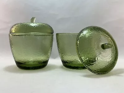 2 Vintage Hazel Atlas Pebblestone Green Glass Apple Shaped Jam Jelly Jars Fruit • $59