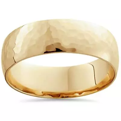 Mens 18K Yellow Polished Hammered Comfort Wedding Band • $898.98