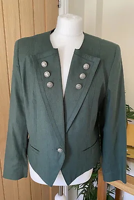 VTG Hagro Green Linen & Cotton Short Military Style Jacket Size 14 1980s 1990s • £22.99