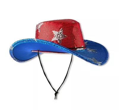 WAY TO CELEBRATE Adult Patriotic Red Blue Light-Up Sequin Cowboy Hat America USA • $24.95