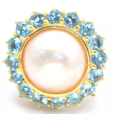 Gemstone 15 Mm. Creamy Pink Pearl & Topaz Jewelry Ring 925 Silver Size 7.5 • $199