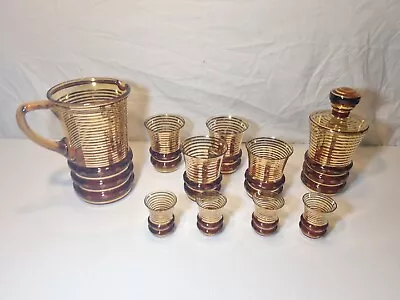 Vintage Retro Amber Gold & Frosted Glass Water Pitcher 4 Glass Set & Decanter & • $35