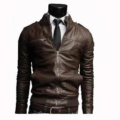 Biker Leather Jacket Cafe Racer / Soft Sheep Skin Leather / Zip Coat Vintage • $33.19