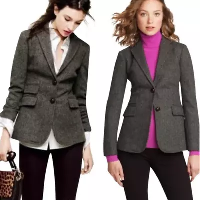 J Crew Hacking Blazer Wool Herringbone Leather Button Front Gray Womens Size 6 • $75