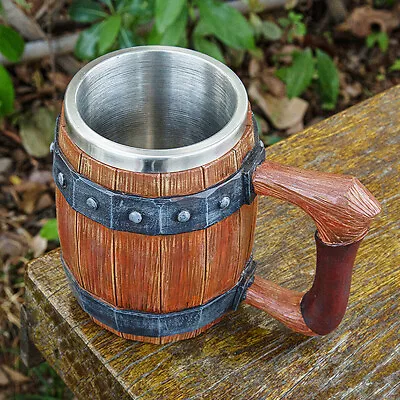 Viking Wood Barrel Beer Mug Medieval Nordic Style Wooden Rivet Leather Cup 600ml • $57.28