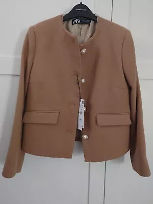 Zara Beige Caramel Collarless Pearl Button Cropped Jacket Blazer XS • £35