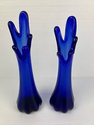 Art Glass Five Finger Cobalt Blue Swung Stretch Glass Vase Pair 27cm Retro 60’s • $89.50
