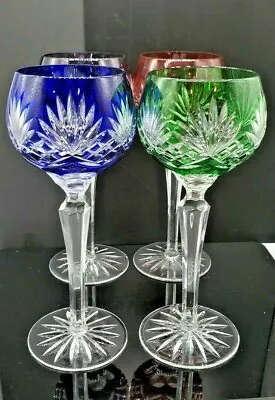 Vtg Czech Moser Multicolored Cut Crystal Wine Glasses New Vintage Set Of 4  • $275