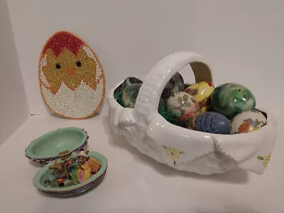$19.95 • Buy Ceramic Glazed  EASTER BASKET With 12 Glazed & Plastic Decorated Eggs Lot ~ READ