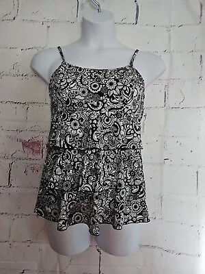 A Shore Fit Swimsuit Tankini Top Size 16 Black White Paisley Ruffled Adj. Straps • $18.98