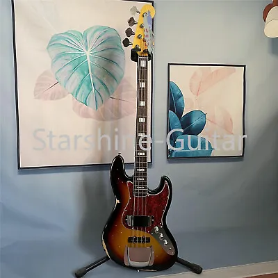 Sunburst Vintage Relic Electric Jazz Bass Guitar 4 String Solid Body Chrome Part • $254.82