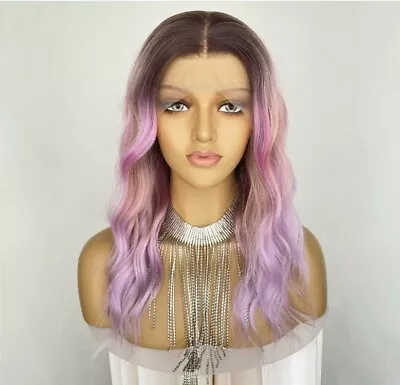 HD Front Lace Wig Platinum Metallic Pink Ombre Long Rainbow Human Hair Blended  • $100