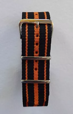 Three Stripes Nato Military Style Watch Strap - Black / Orange 18mm - 24mm • £5.99