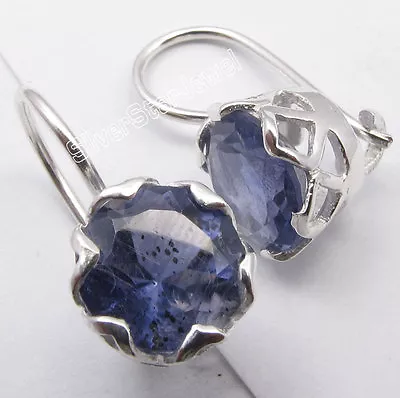 925 Solid Silver BLUE IOLITE Cute CAGE Setting Sparkling Earrings 1.9CM New • £11.88