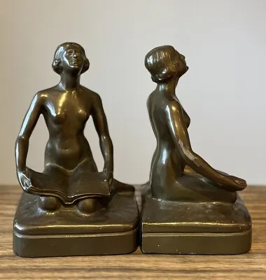 Vintage Art Deco Nude Ladies Reading White Metal Bronze Finish Bookends Rare • $150