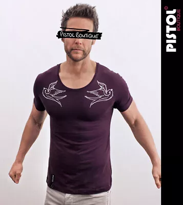 £18 • Buy Pistol Boutique Men's Fitted Wine SKETCH SWALLOWS Scoop Neck T-shirt - SALE