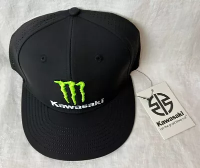 Monster Energy Kawasaki Perforated 6 Panel Flat Bill Snapback Hat In Black • $44.50