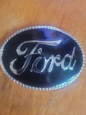 Vintage Ford Script Oval Belt Buckle Logo Black Enamel Background Pewter Finish • $12.99