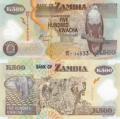 Zambia 500 Kwacha (2011) - Polymer/Eagle/Elephant/p43h UNC • $1.95