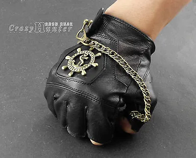 Mens Genuine Leather Steampunk Gothic Biker Fingerless Gloves • $17