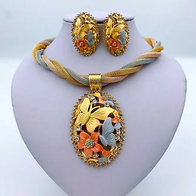 New Women African Jewelry Set Necklace Ring Earring Gold Wedding Crystal Plated • $14.99
