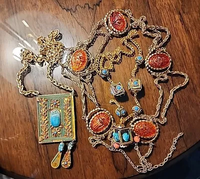 Vintage Egyptian Revival Faience Scarab 70s Statement Belt Necklace Lot *READ* • £28.94