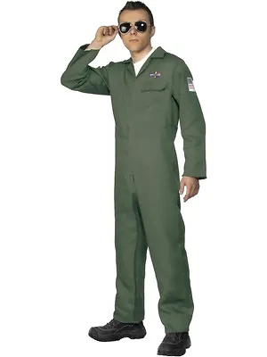 Aviator Army Fighter Pilot Air Forces Men's Fancy Dress Costume Green Jumpsuit • £22.99