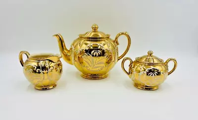 Vintage Sadler Teapot Creamer Sugar Gold With Cream Swirl Accents ENGLAND #2256 • $94