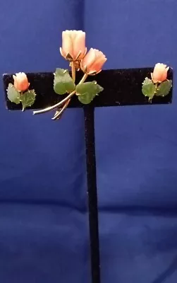 Vtg 18k GP Jade Baby Skin Pink Corals Hand Carved Roses Brunch Brooch Pin & Ear • $225
