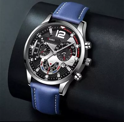 Men's Luxury Water Resistant Watch With Leather Strap Navy Blue Silver Quartz UK • £8.99