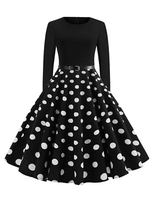£17.99 • Buy Polka Dot Vintage Dress 1950s Long Sleeves Round Neck Rockabilly Dresses Swing 