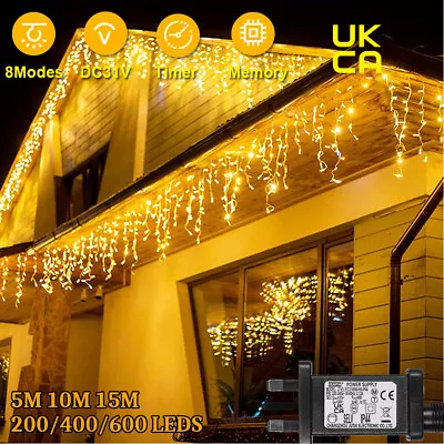 Christmas Icicle Lights LED Fairy String Lights 10M/15M Outdoor Xmas Party Decor • £27.83