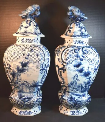 Great Pair Of 18th Century Delft Blue And White Covered Urns • $4200