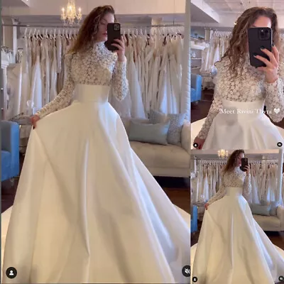 Muslim Wedding Dresses High Neck Long Sleeves Lace Satin Sweep Train Bridal Gown • $158.79