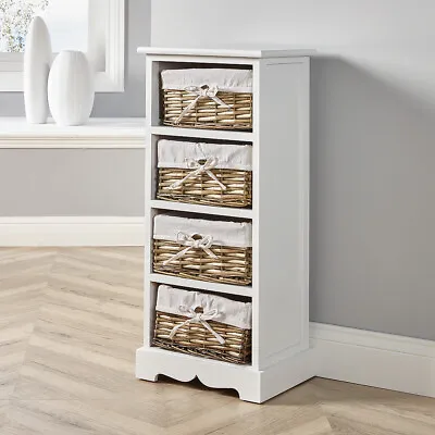 White Wooden Chest Of Drawers Storage Unit Willow Wicker Baskets Organisers • £49.99