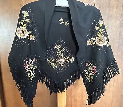 Vintage Luisa Spagnoli Italy Embroidered Colorful Floral Black Wool Shawl Wrap • $11.50