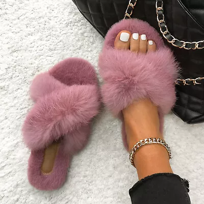 Women's Real Farm Rabbit Fur Slippers Furry Slides Cross Band Cute Flip Flops • $21.22