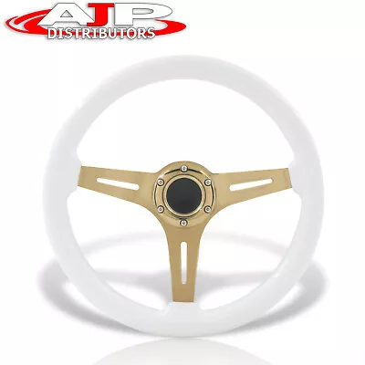 Deep Dish 6-Bolt White Wood Gold Steel Steering Wheel + Horn Universal 350mm 14  • $54.99