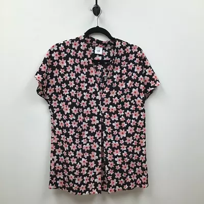 Cabi Womens Blouse Black Pink Floral Short Sleeve V Neck Pleated Pullover S • $13.39