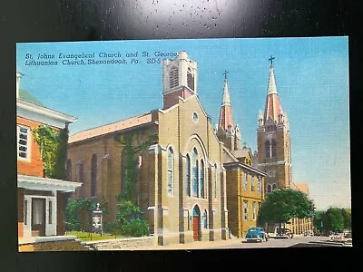 Postcard Shenandoah PA - C1940s St Johns Church & St George Lithuanian Church • $2.95