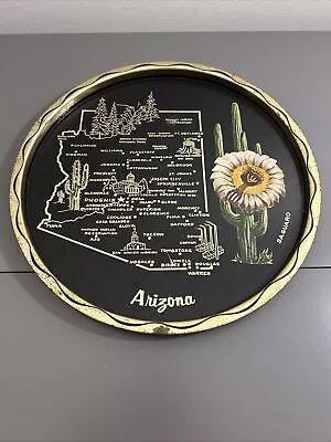 Vintage Metal Souvenir Tray Arizona Map Saguaro Cactus 50’s 60’s 70’s • $15.47