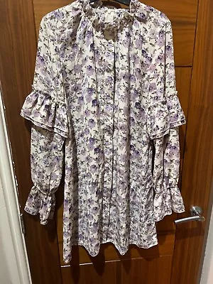 BNWT Nasty Gal White & Lilac Floral Print/ High Neck /Long Sleeve Dress Size 10 • £6.50