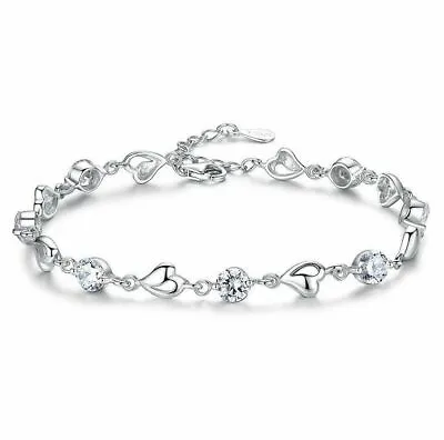 925 Sterling Silver Crystal Stone Heart Linked Charm Bracelet Women Jewellery UK • £3.99