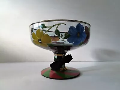 Mackenzie Childs 7  Glass Compote W Hand Painted Pansies & Courtly Check Stem • $75