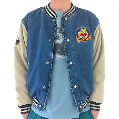 Vintage 90s Unisex Winnie The Pooh Denim Varsity Jacket • $89.99